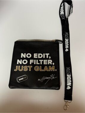Nudestix Cosmetic Bag Black Pebbled Faux Leather Embroidery and lanyard